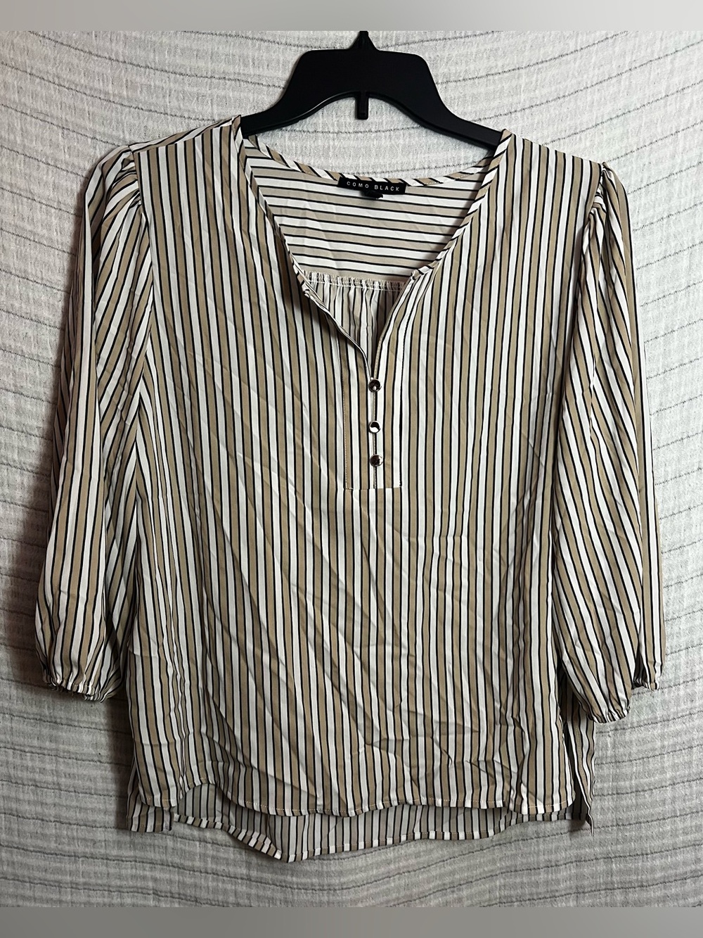 Striped Tan, White and Black Button-Front Blouse by Como Black
